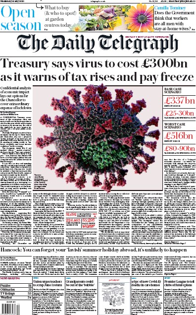 The Daily Telegraph Newspaper Front Page for 13 May 2020
