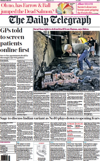 The Daily Telegraph Newspaper Front Page for 13 May 2021
