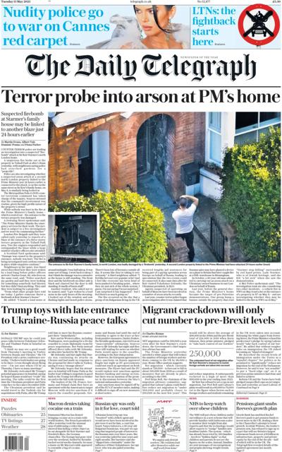 The Daily Telegraph (UK) Newspaper Front Page for 13 May 2025