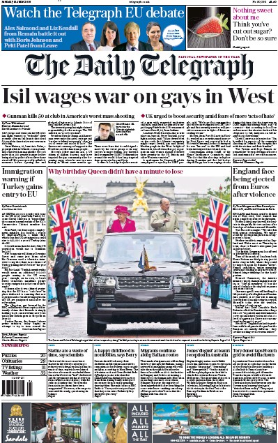 The Daily Telegraph Newspaper Front Page for 13 June 2016
