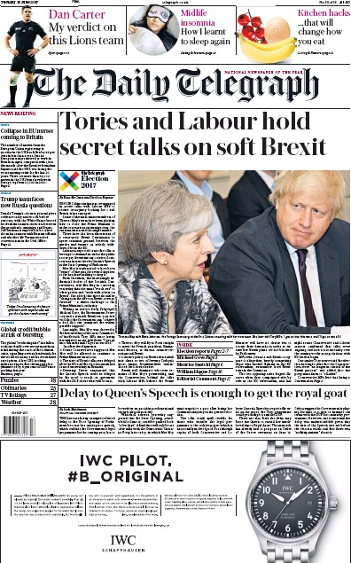The Daily Telegraph Newspaper Front Page for 13 June 2017
