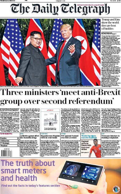 The Daily Telegraph Newspaper Front Page for 13 June 2018