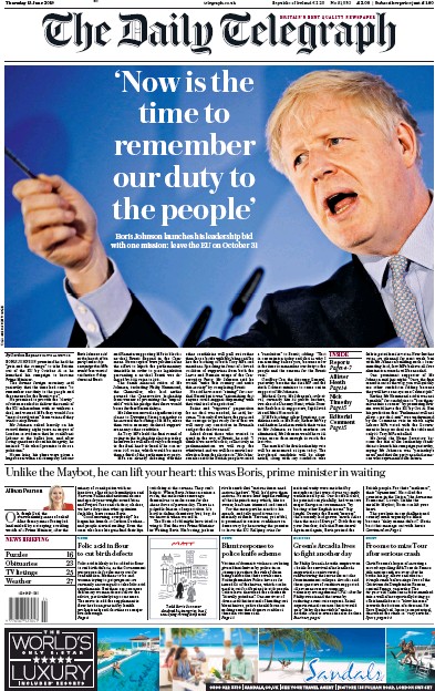 The Daily Telegraph Newspaper Front Page for 13 June 2019