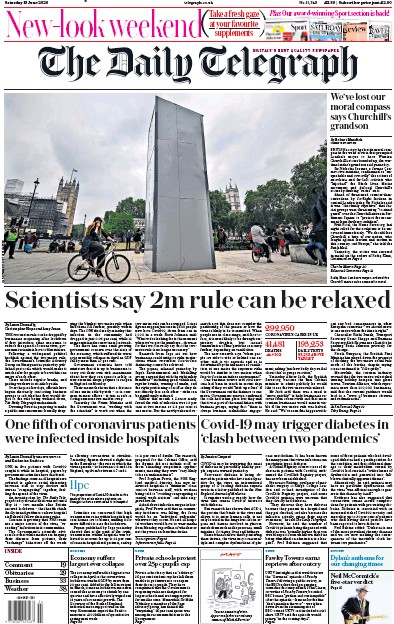 The Daily Telegraph Newspaper Front Page for 13 June 2020