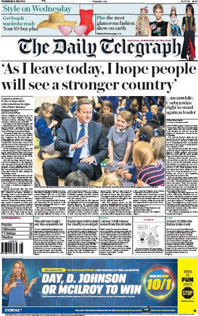 The Daily Telegraph Newspaper Front Page for 13 July 2016