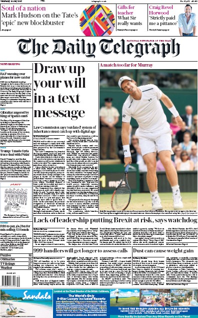 The Daily Telegraph Newspaper Front Page for 13 July 2017