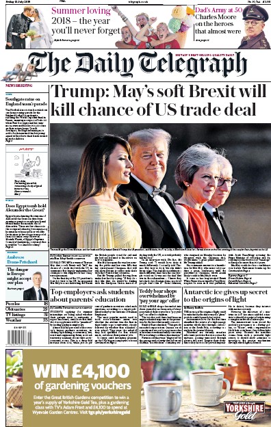 The Daily Telegraph Newspaper Front Page for 13 July 2018