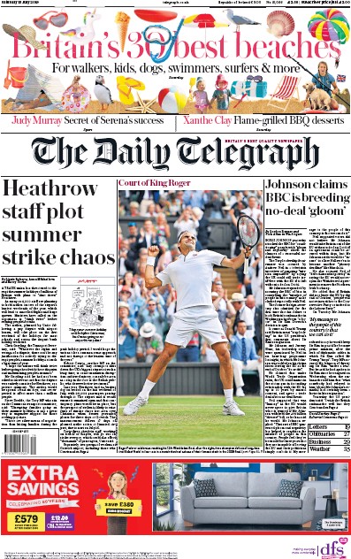 The Daily Telegraph Newspaper Front Page for 13 July 2019