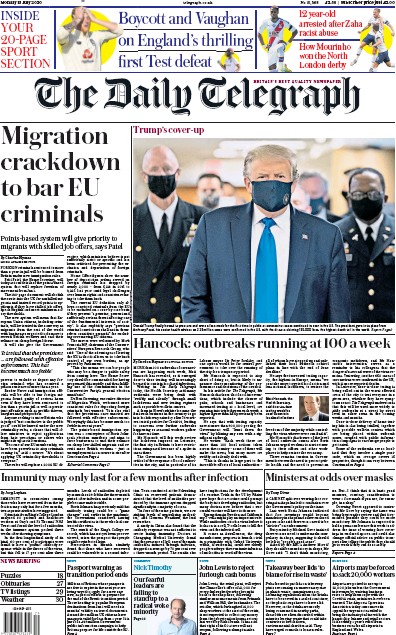 The Daily Telegraph (UK) Newspaper Front Page for 13 July 2020