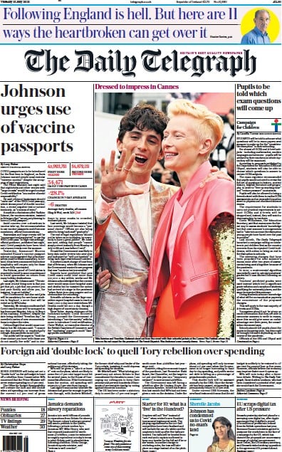 The Daily Telegraph (UK) Newspaper Front Page for 13 July 2021