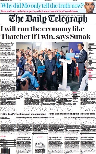 The Daily Telegraph (UK) Newspaper Front Page for 13 July 2022