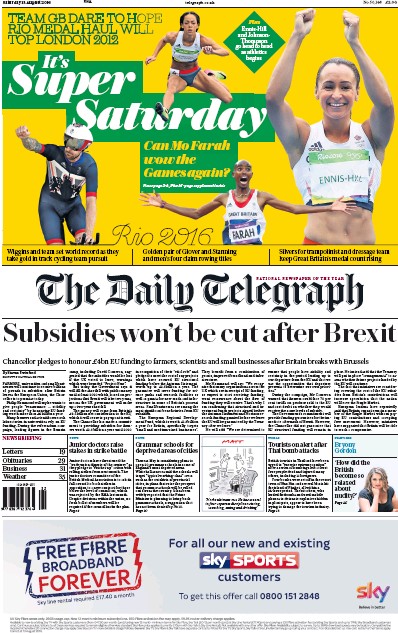 The Daily Telegraph Newspaper Front Page for 13 August 2016