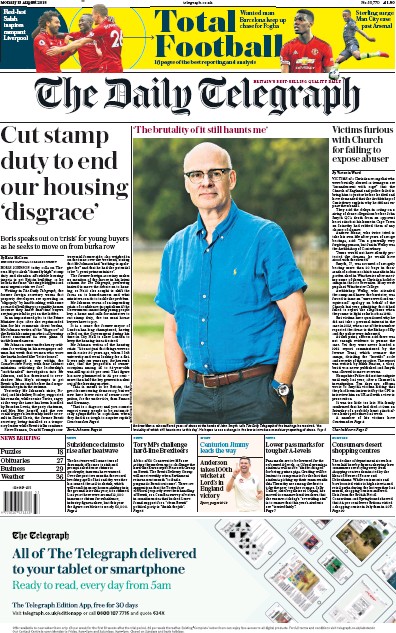 The Daily Telegraph Newspaper Front Page for 13 August 2018