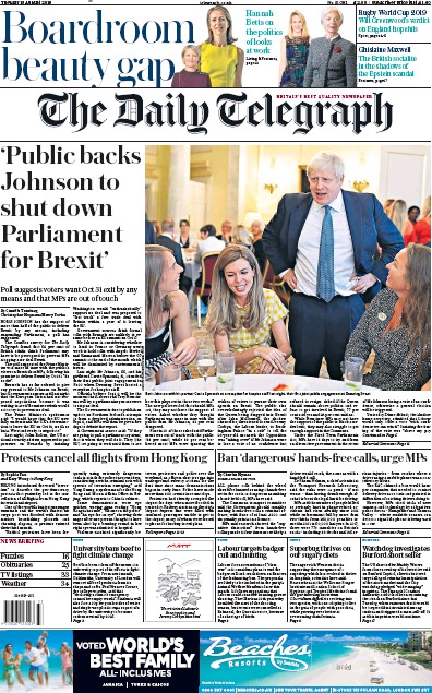 The Daily Telegraph Newspaper Front Page for 13 August 2019