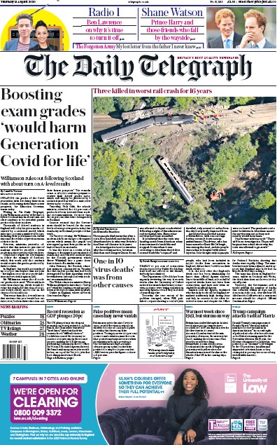 The Daily Telegraph Newspaper Front Page for 13 August 2020