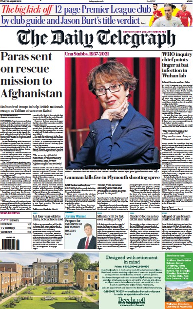 The Daily Telegraph (UK) Newspaper Front Page for 13 August 2021