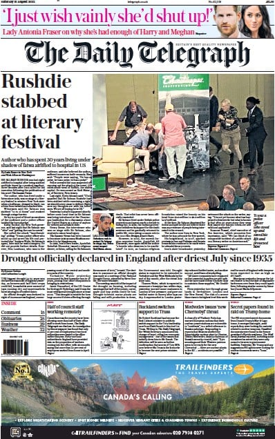 The Daily Telegraph (UK) Newspaper Front Page for 13 August 2022