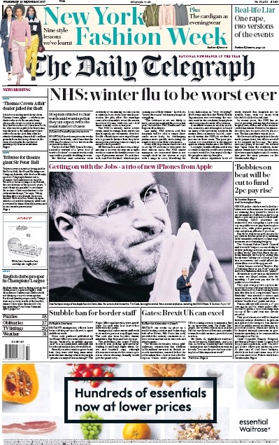 The Daily Telegraph (UK) Newspaper Front Page for 13 September 2017