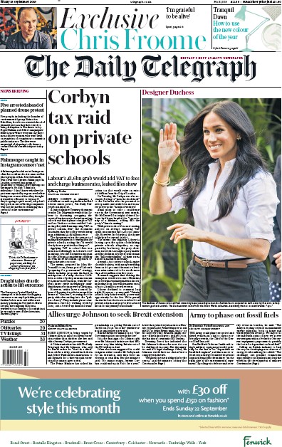 The Daily Telegraph (UK) Newspaper Front Page for 13 September 2019