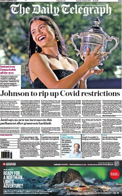 The Daily Telegraph (UK) Newspaper Front Page for 13 September 2021