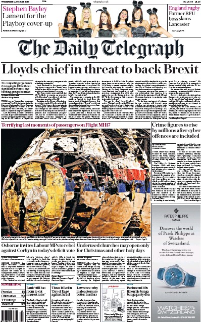 The Daily Telegraph Newspaper Front Page for 14 October 2015