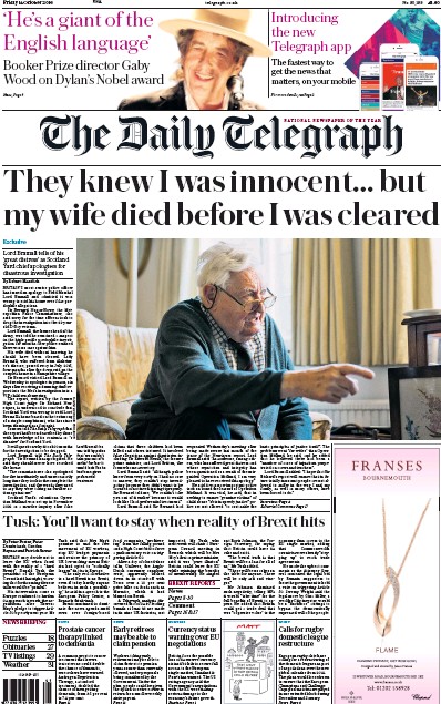 The Daily Telegraph Newspaper Front Page for 14 October 2016