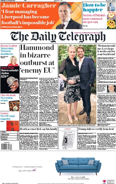 The Daily Telegraph Newspaper Front Page for 14 October 2017