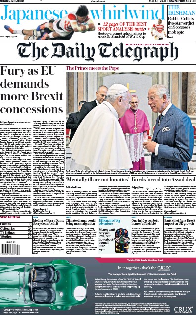 The Daily Telegraph Newspaper Front Page for 14 October 2019