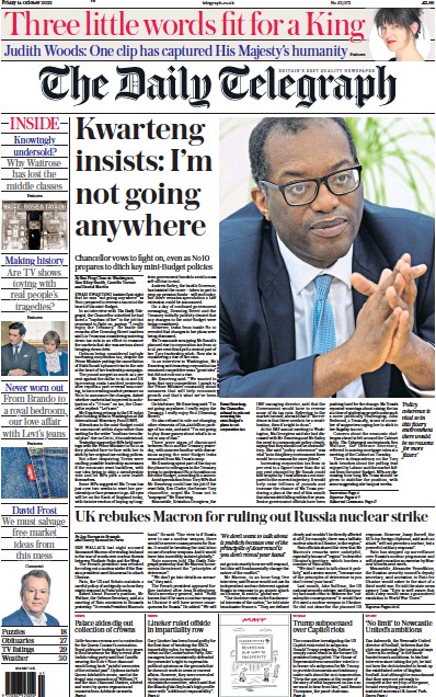 The Daily Telegraph Newspaper Front Page for 14 October 2022