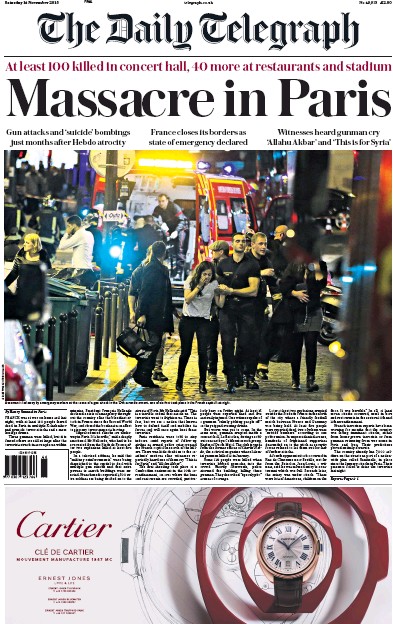 The Daily Telegraph Newspaper Front Page for 14 November 2015