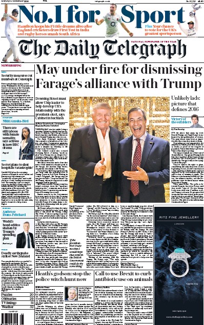 The Daily Telegraph (UK) Newspaper Front Page for 14 November 2016