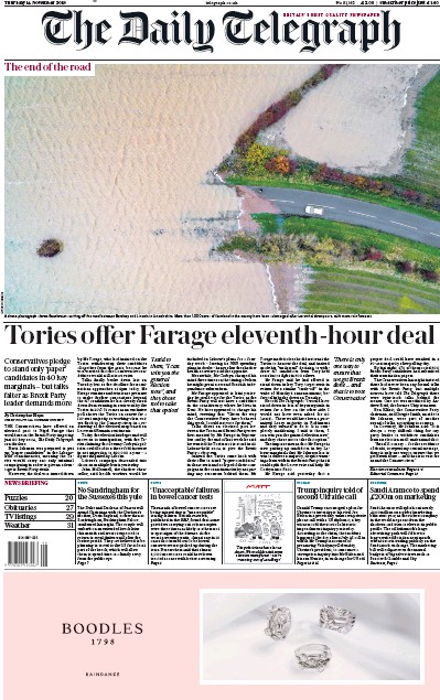 The Daily Telegraph Newspaper Front Page for 14 November 2019