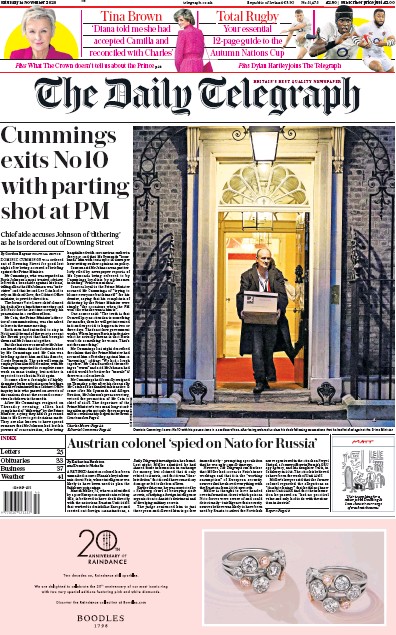 The Daily Telegraph Newspaper Front Page for 14 November 2020