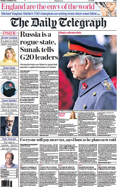The Daily Telegraph (UK) Newspaper Front Page for 14 November 2022