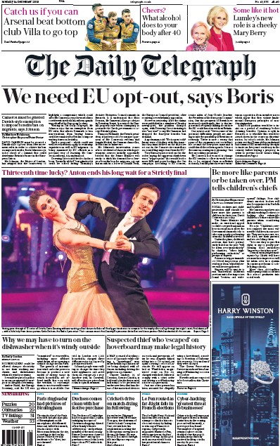The Daily Telegraph (UK) Newspaper Front Page for 14 December 2015