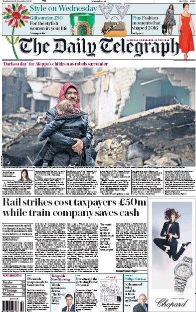 The Daily Telegraph Newspaper Front Page for 14 December 2016