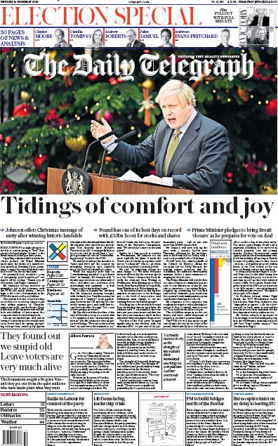 The Daily Telegraph Newspaper Front Page for 14 December 2019
