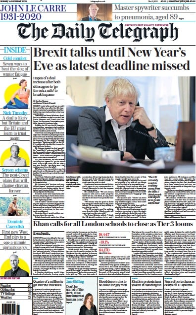 The Daily Telegraph (UK) Newspaper Front Page for 14 December 2020