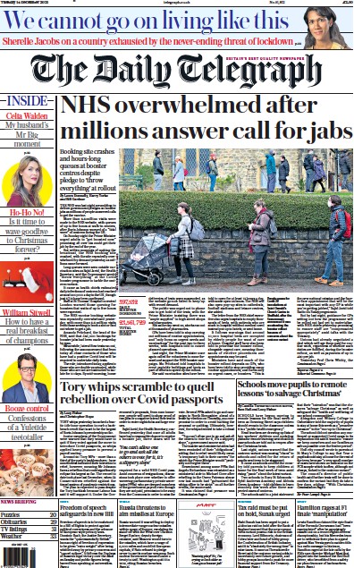 The Daily Telegraph (UK) Newspaper Front Page for 14 December 2021