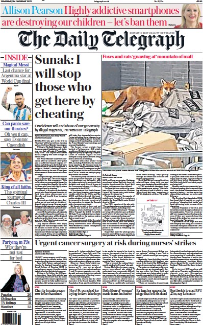 The Daily Telegraph Newspaper Front Page for 14 December 2022