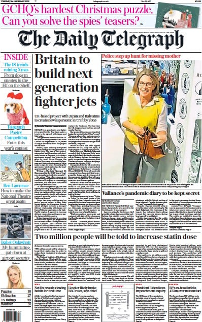 The Daily Telegraph Newspaper Front Page for 14 December 2023