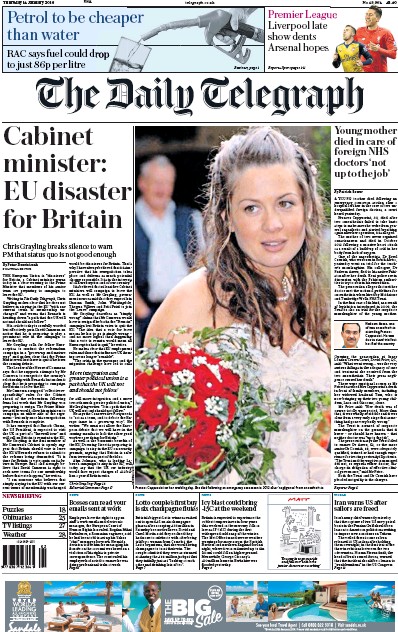 The Daily Telegraph Newspaper Front Page for 14 January 2016