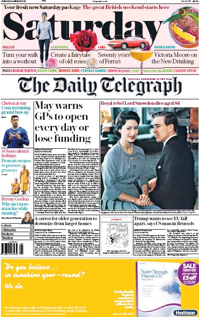 The Daily Telegraph Newspaper Front Page for 14 January 2017