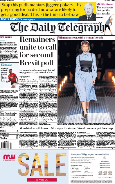 The Daily Telegraph Newspaper Front Page for 14 January 2019