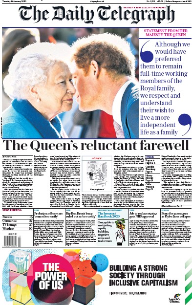 The Daily Telegraph Newspaper Front Page for 14 January 2020