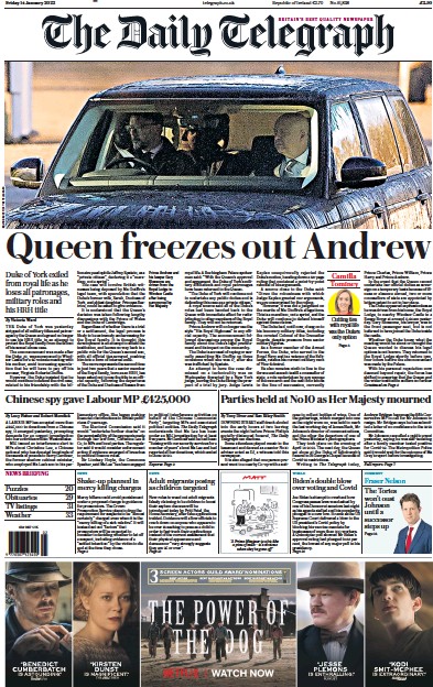 The Daily Telegraph (UK) Newspaper Front Page for 14 January 2022
