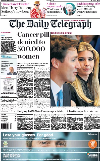 The Daily Telegraph Newspaper Front Page for 14 February 2017