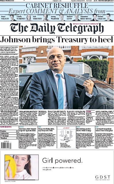 The Daily Telegraph Newspaper Front Page for 14 February 2020