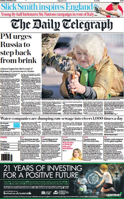 The Daily Telegraph Newspaper Front Page for 14 February 2022