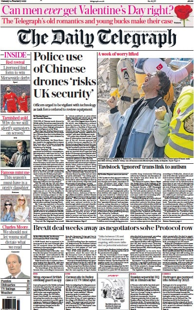 The Daily Telegraph (UK) Newspaper Front Page for 14 February 2023